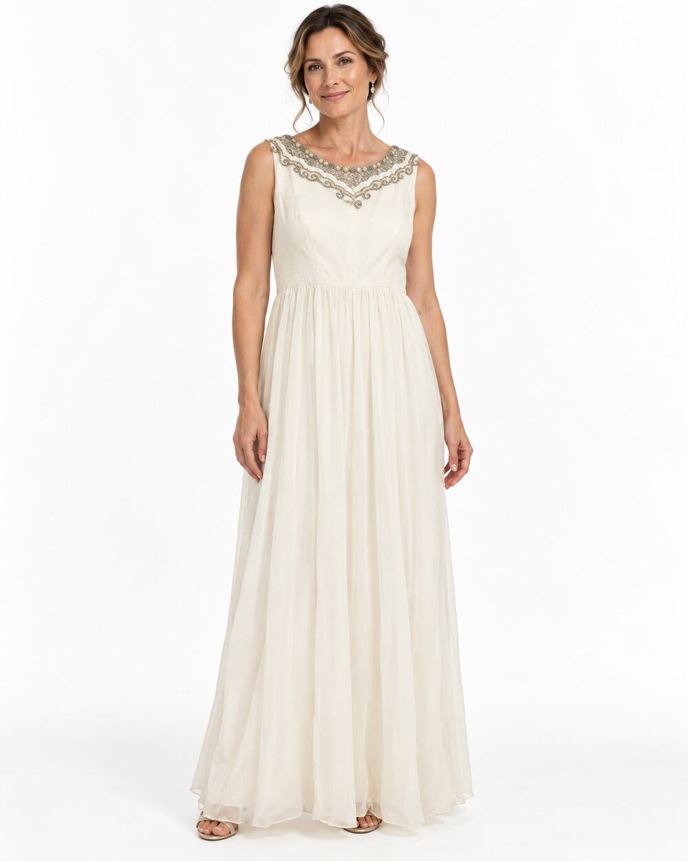 Vintage Andora White Crepe Chiffon Beaded Gown Dress US 14